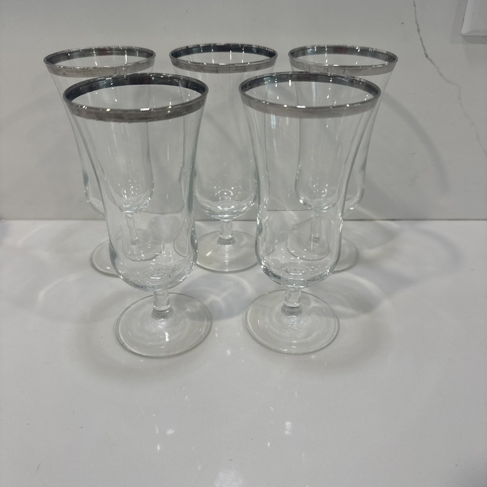 France Champagne Glasses Hurricane Glasses Set Of 5 Silver Rim McM Vintage